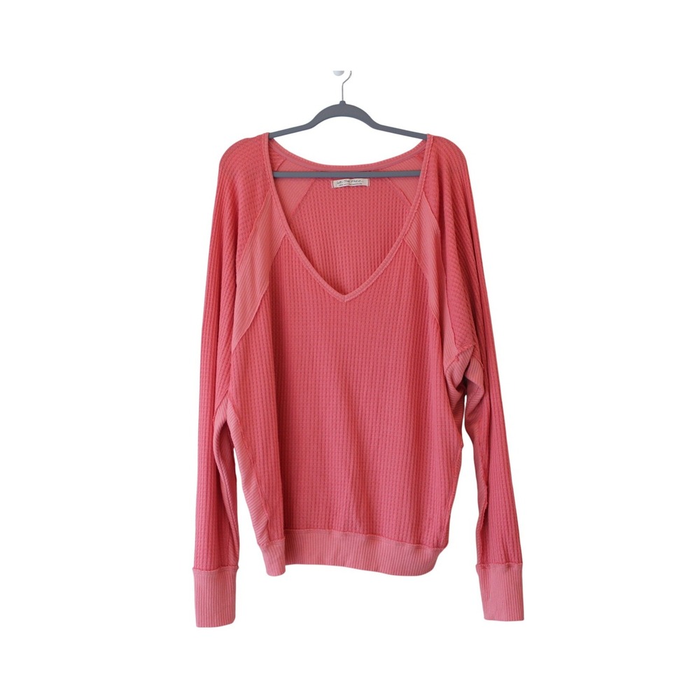 We The Free Thermal Top Womens Large Coral Pink Excellent Waffle Knit V-Neck